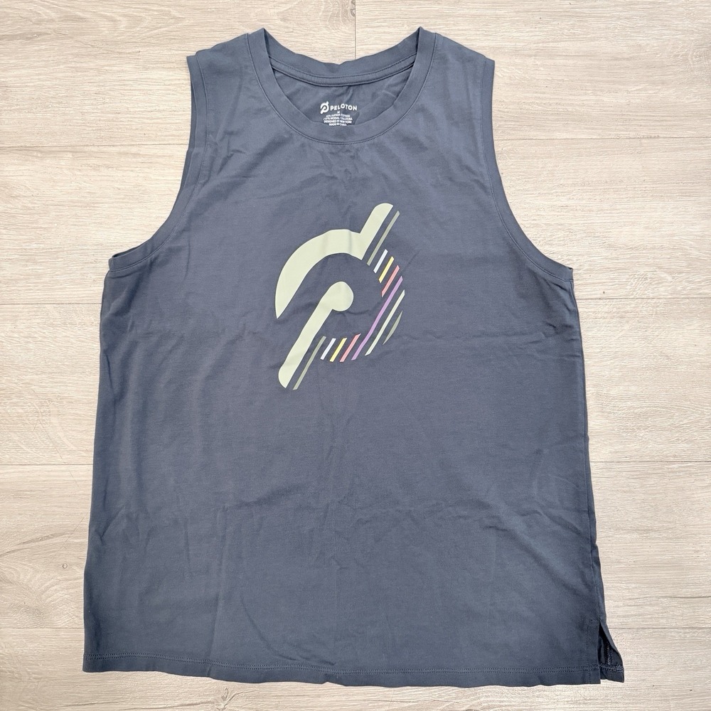 Peloton Womens Muscle Tank M Gray Multicolor Logo Supima Cotton Athleisure Spin